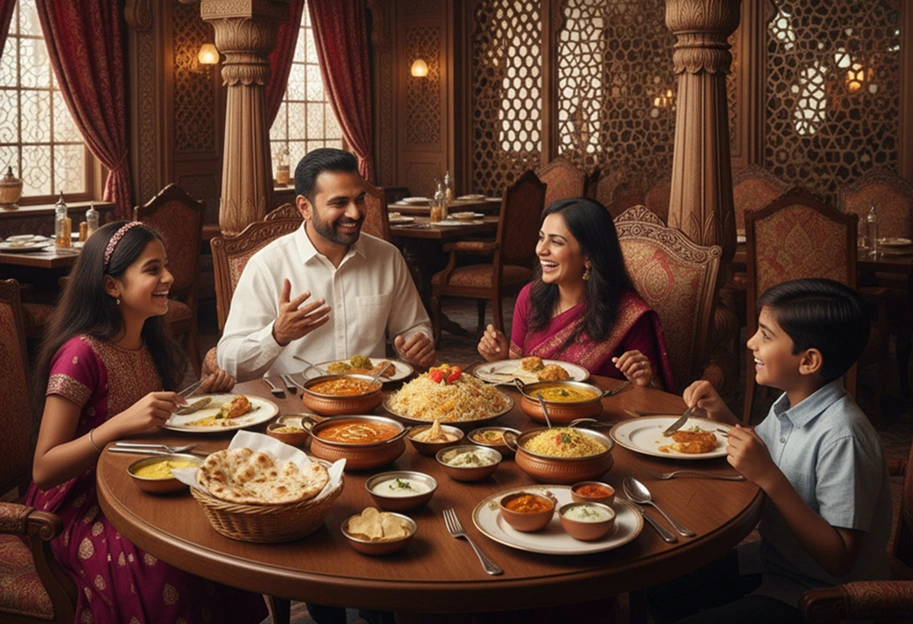 Family enjoying Indian meal in restaurant.